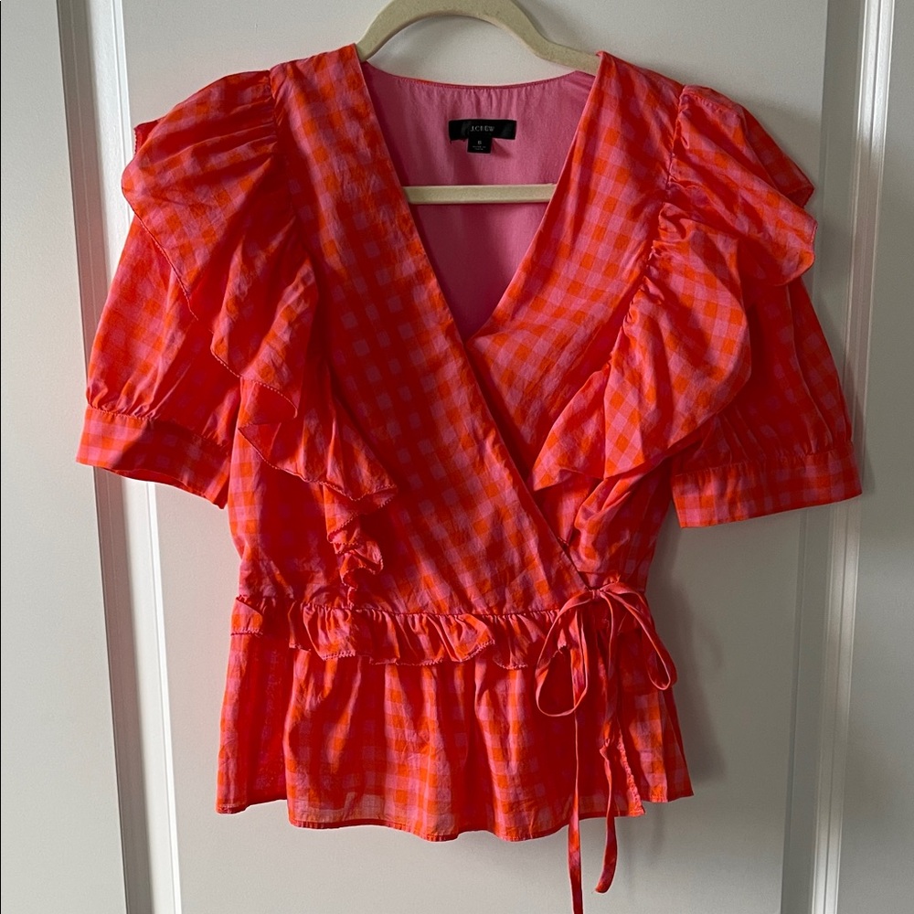 J.Crew Ruffle wrap top in gingham - Picture 3 of 4